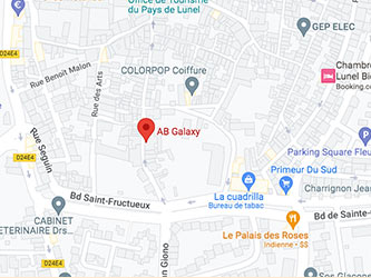 Carte de Lunel, France, avec AB Galaxy au centre, entouré de COLORPOP Coiffure, Bd Saint-Fructueux et Parking Square Fleur.