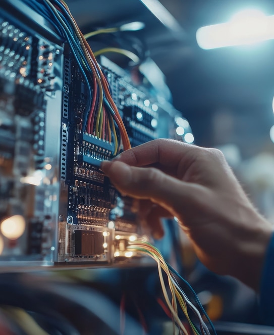 Une main connecte des fils colorés à une carte électronique. Composants et lumières créent un environnement de haute technologie.