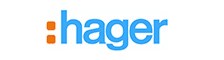Logo Hager: deux carrés orange en forme de double point, suivis du mot 'hager' en minuscules bleues.