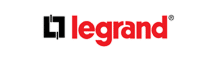 Logo Legrand : symbole graphique noir moderne et texte rouge vif 'legrand' avec le sigle de marque déposée.