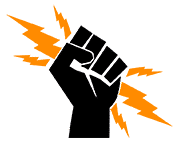 Poing levé noir sur fond orange et blanc, symbole puissant de résistance et solidarité, évoquant force et unité.