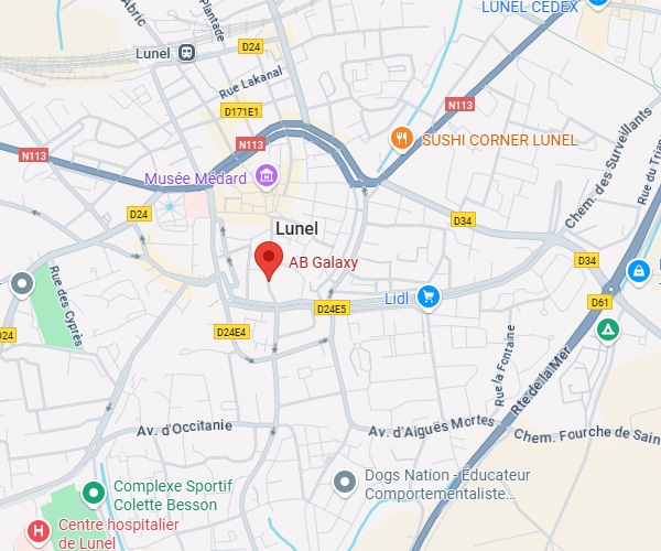 Carte de Lunel (Hérault) avec AB Galaxy marqué, la N113, D24, Musée Médard, Lidl et Centre hospitalier de Lunel.